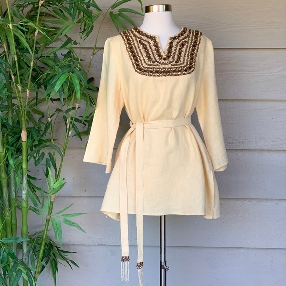 Victor Costa Occasion Yellow Linen Tunic w/ Beads - Picture 1 of 6